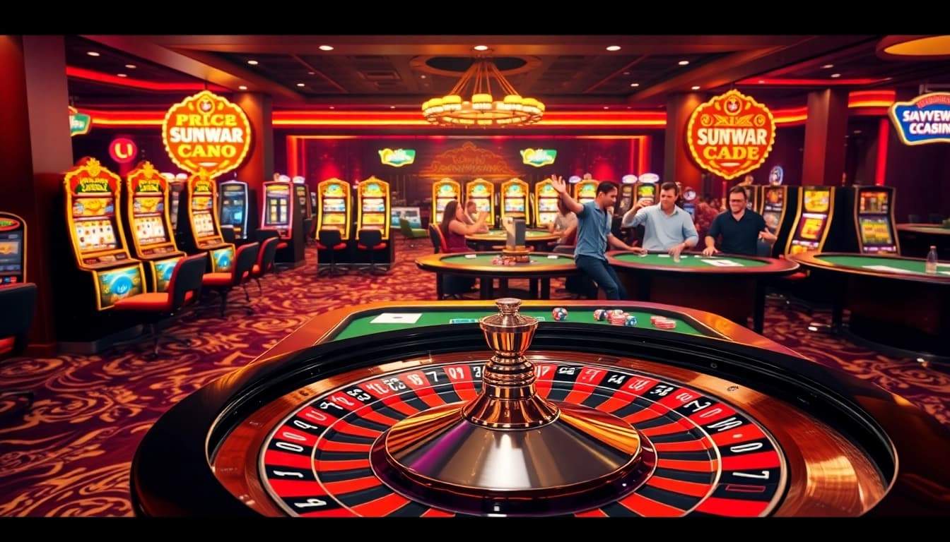 Sunwin gaming table highlighted with vibrant chips and players celebrating wins in a luxurious casino environment.