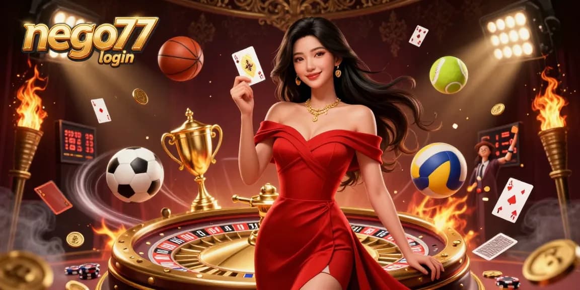 Experience seamless gaming with NEGO77 login, featuring a stunning Asian woman beside a roulette wheel.