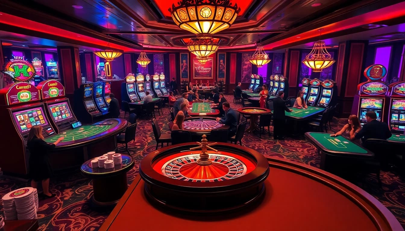 Exciting casino scene illustrating gori77 with players at gaming tables and vibrant slot machines.