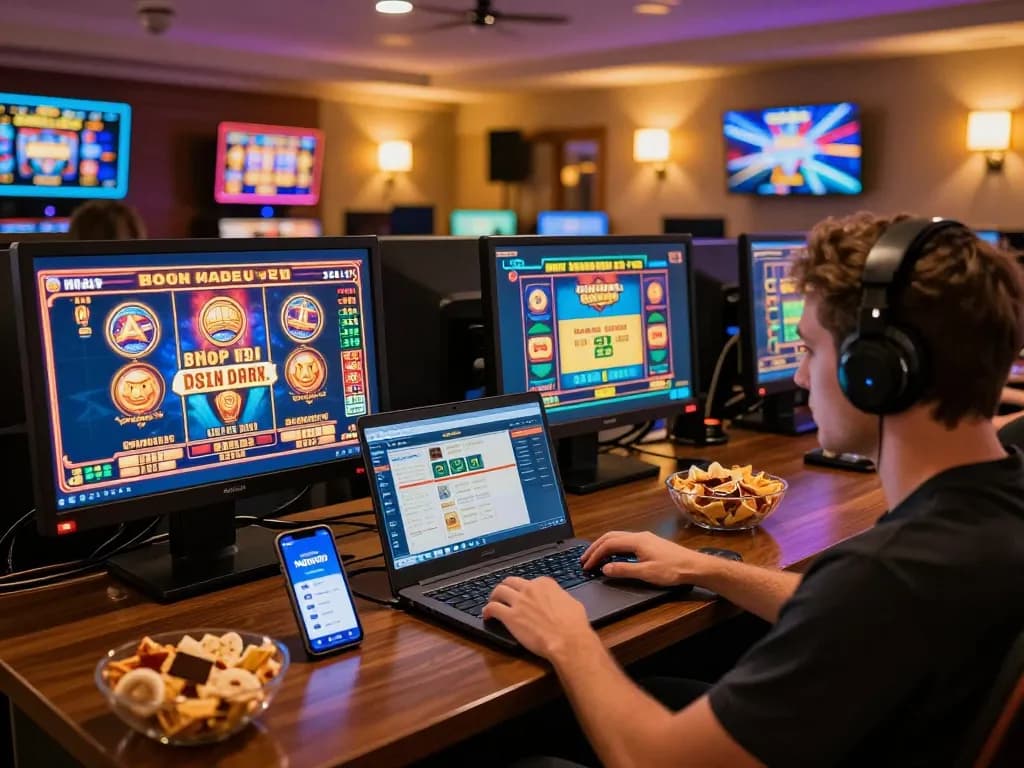 Nohu90 player enjoying online slots with vibrant screen displays and cozy setup