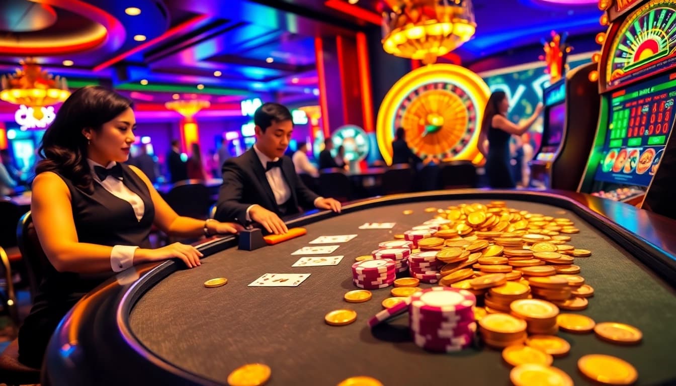 Experience the thrill of xx88's luxury casino with dealers, vibrant tables, and engaging gameplay.