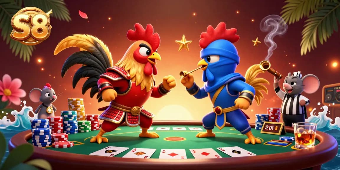 S8 brings excitement with dynamic poker action featuring colorful chip towers and vibrant roosters.