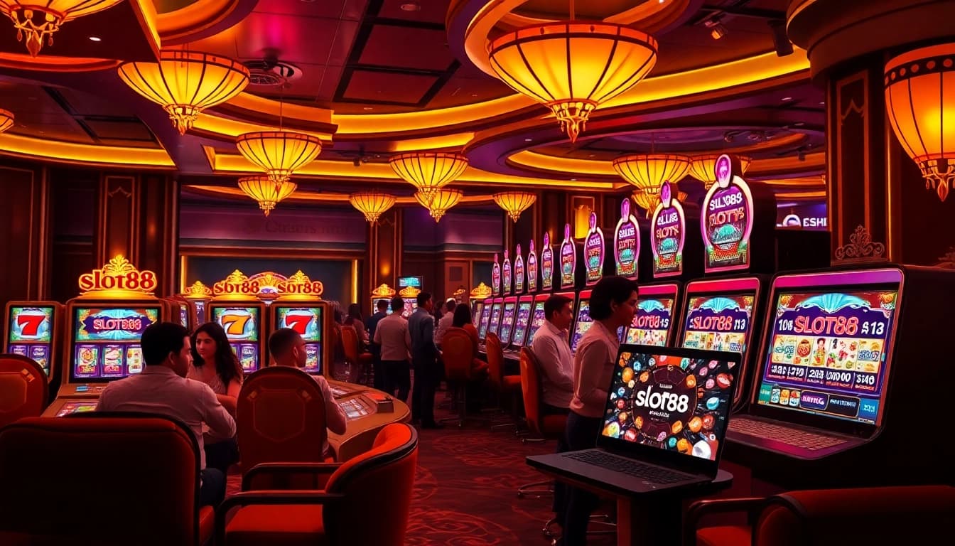 Experience thrilling gameplay at slot88 with vibrant visuals of online slot machines and excited players.
