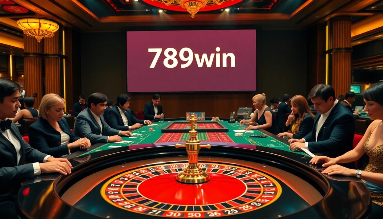 Engage with excitement at 789win link with a luxurious casino scene featuring roulette and gambling tables.