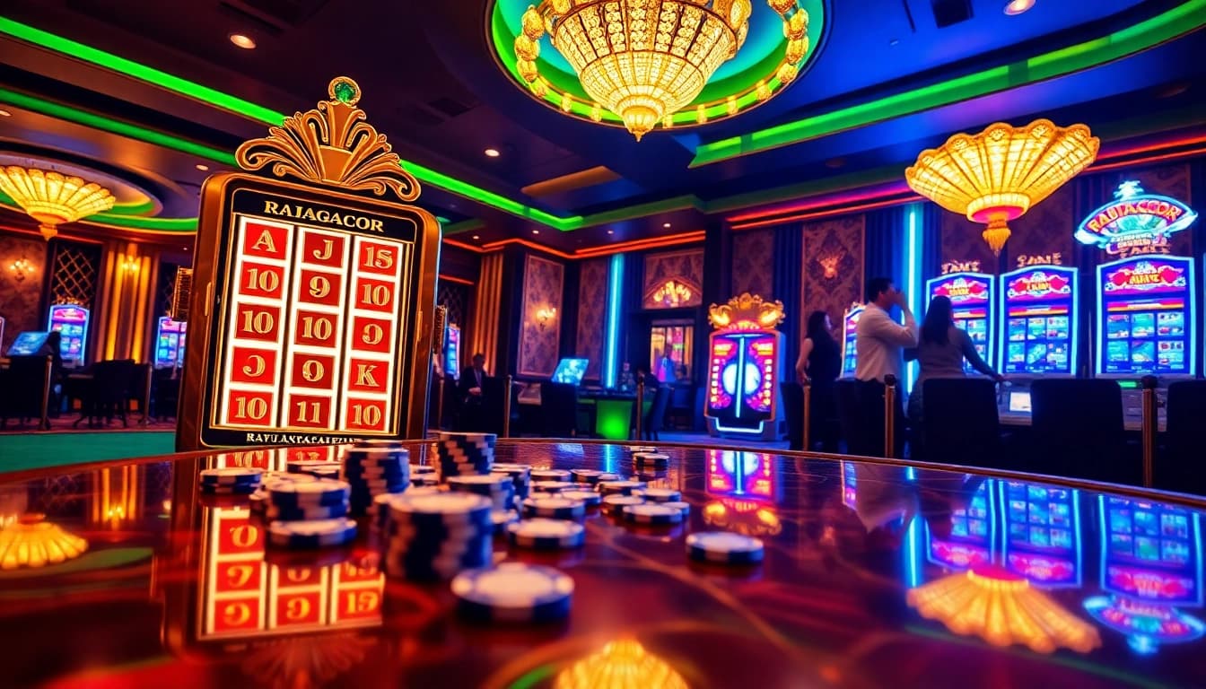 RAJAGACOR slot machine showcasing a jackpot win in a luxurious casino setting.