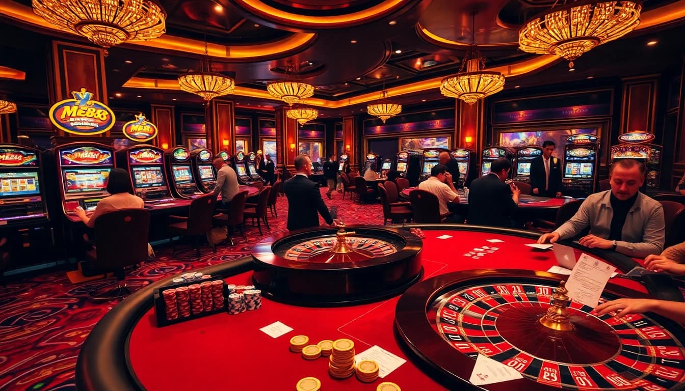 me88 casino ambiance featuring poker, roulette, and slot machines in a vibrant setting.