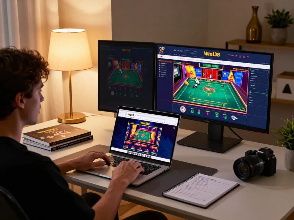 Engaging online gaming scene with Win138 displayed on laptop, showcasing a dynamic gaming environment.