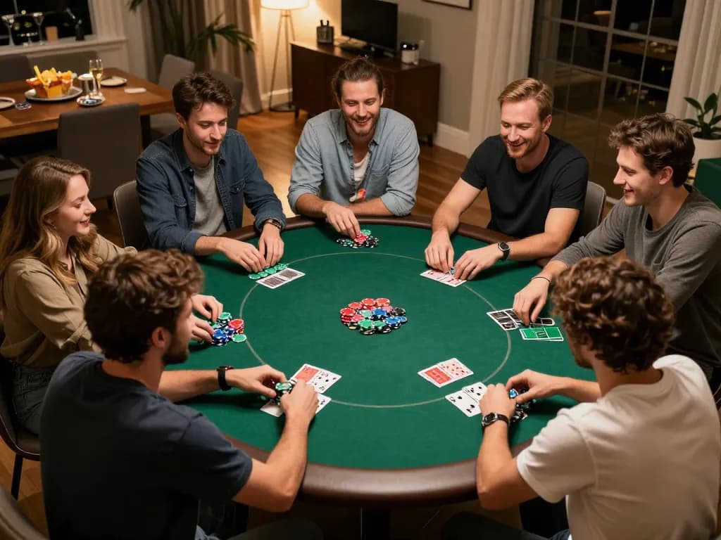Mega888 login strategy session during a friendly poker night, players enjoying gameplay at home.