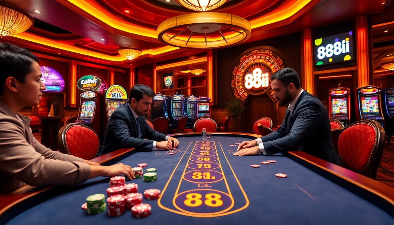 Experience thrilling gameplay at the link 88i poker table with vibrant chips and a roulette wheel.