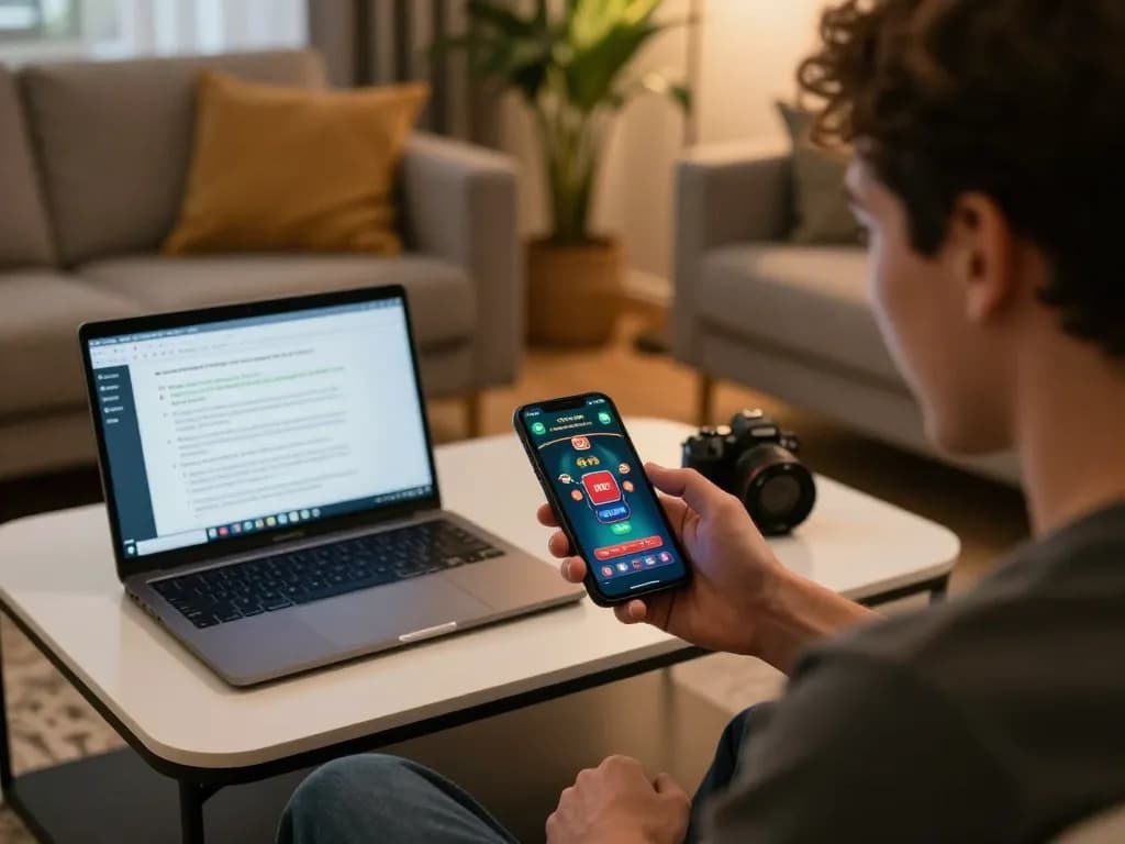 WIN678 player enjoying online games on smartphone in cozy home environment, celebrating a win.