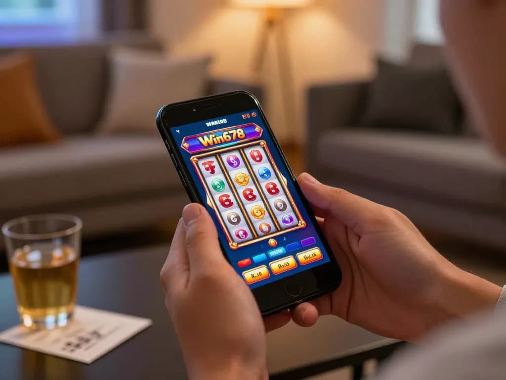Engaged user playing slots on Win678 mobile app in a cozy home setting