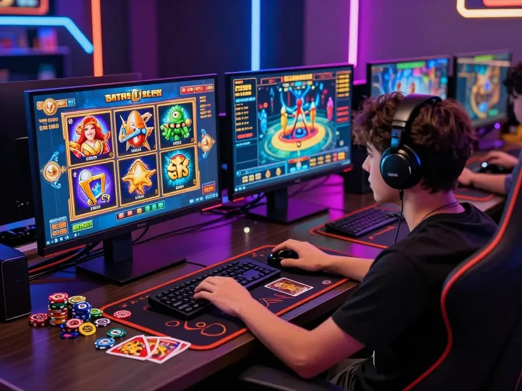 Pengguna terlibat dalam permainan situs slot dengan grafis yang hidup dan aksesori permainan dalam pengaturan berteknologi tinggi.