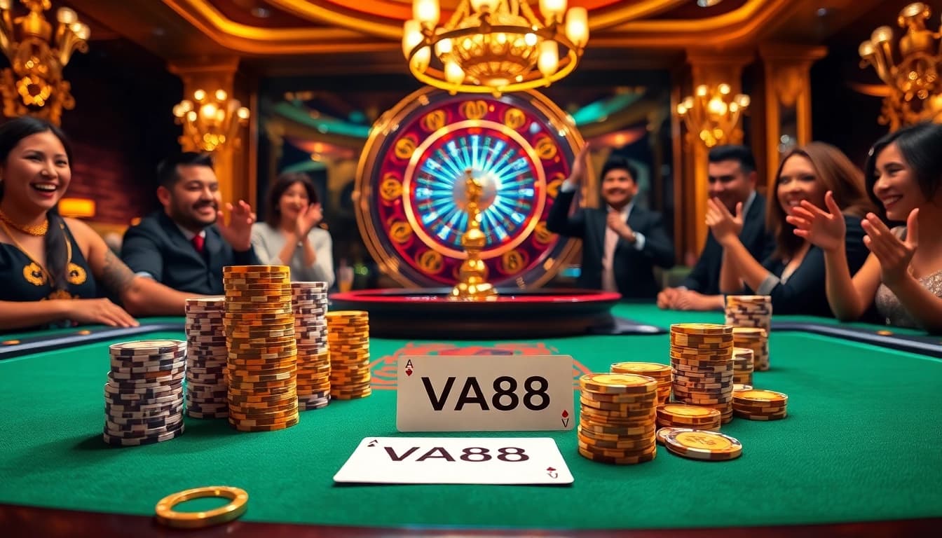 VA88 players enjoying a vibrant poker game with glamorous chips and cards