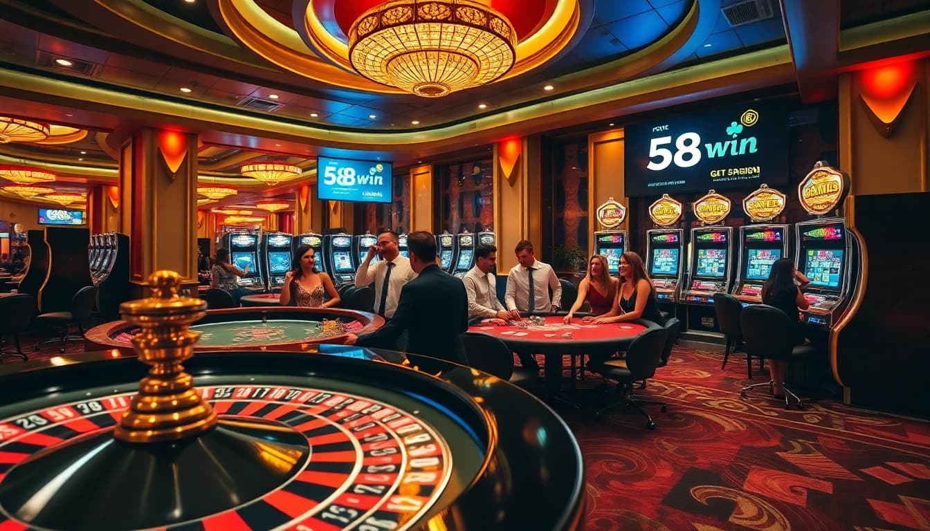 Gamblers enjoying a thrilling game at 58win's vibrant casino environment featuring roulette and poker tables.