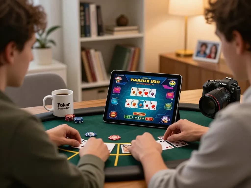 Engaged player enjoying blackjack online with FC88 tablet in a stylish home office environment.