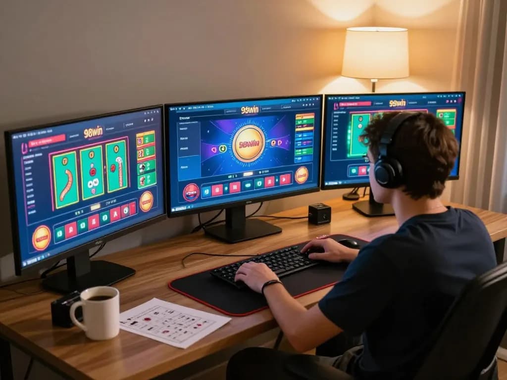 Engaged player enjoying a 98win online poker game at home, with focused atmosphere and strategy notes.