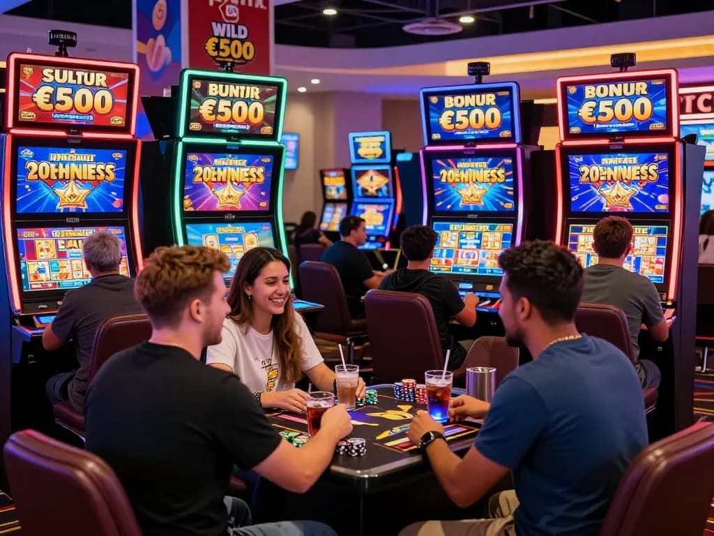 Players enjoying the bonus wild sultan offer of €500 while engaging with vibrant slot machines and live dealers in a modern online casino atmosphere.
