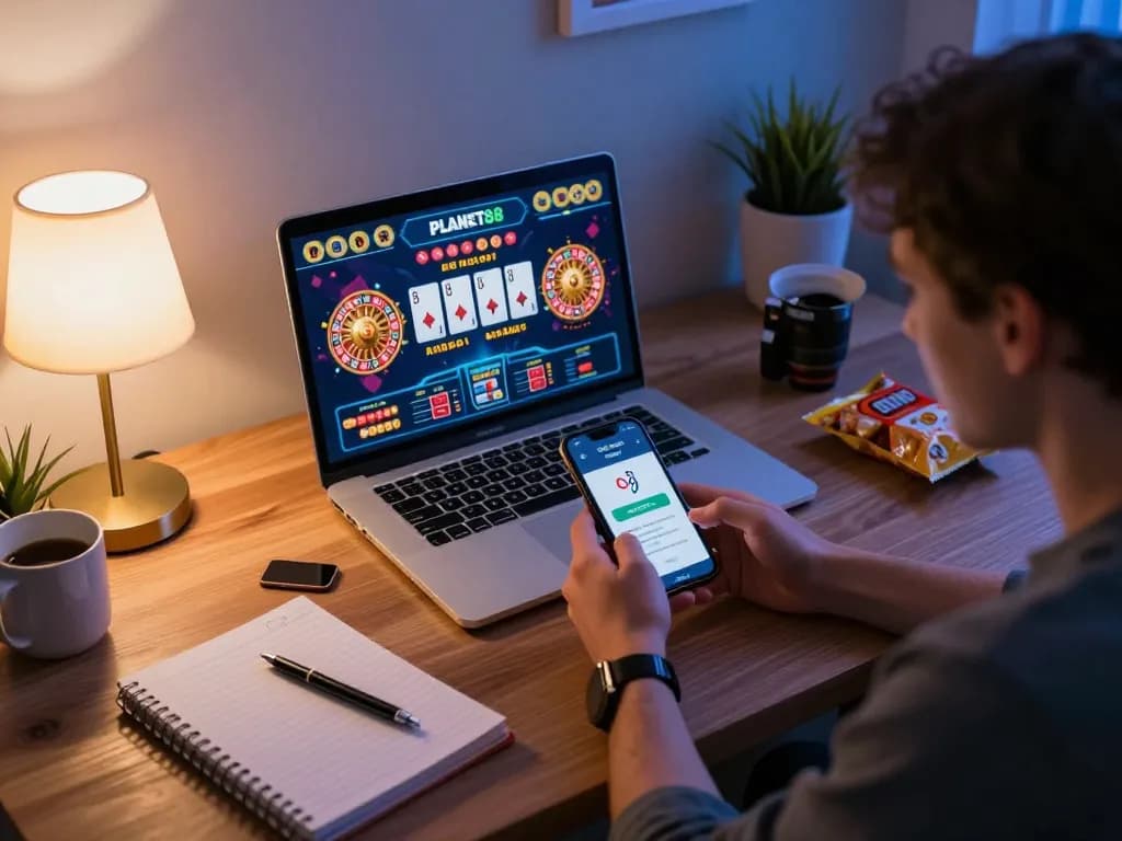 Player engaging with the PLANET88 mobile casino app while seated at a stylish desk, showcasing responsible gaming.