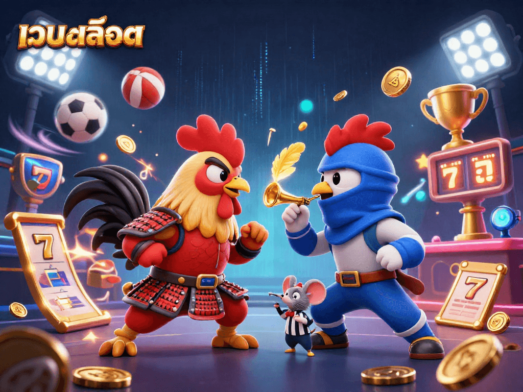 Engage with เว็บสล็อต in the thrilling showdown of roosters, animated with vibrant sports elements.