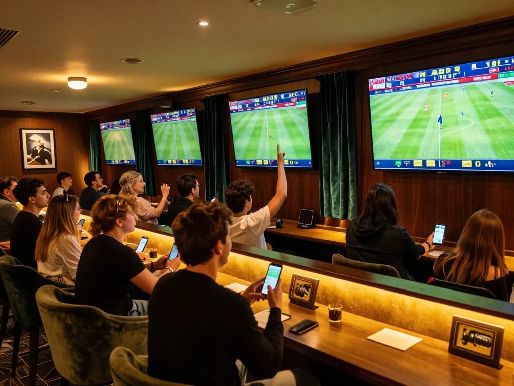 UK88 sports betting excitement with live match screens and enthusiastic fans cheering