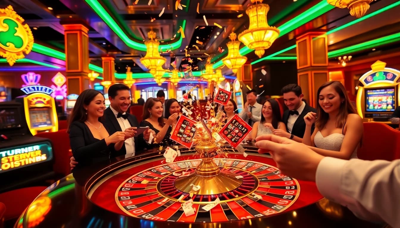 Explosion of a prize-winning lottery brings excitement to the vibrant casino celebration.