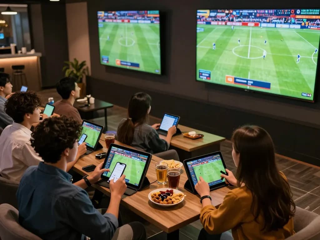 Experience Trực tiếp bóng đá enthusiastically; friends engaged in live betting at a sports lounge.