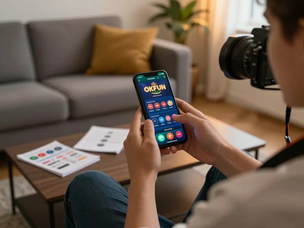 Player enjoying online casino gaming on https://okfun.money/, engaging with smartphone and strategy notes.
