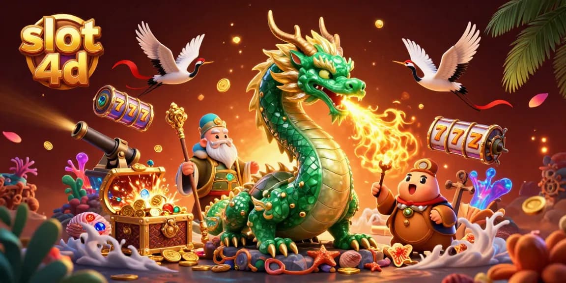 Experience the excitement of slot 4d with vibrant characters and dynamic gambling elements in this 3D illustration.