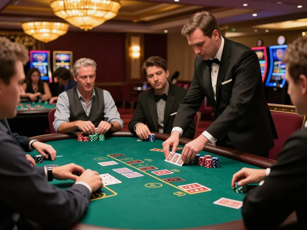Players at KJC blackjack table engaged in strategy, showcasing excitement and luxury in gambling.