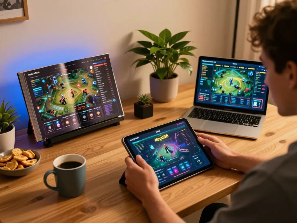 Mega888 user enjoying online gaming on a tablet in a stylish home office setting.