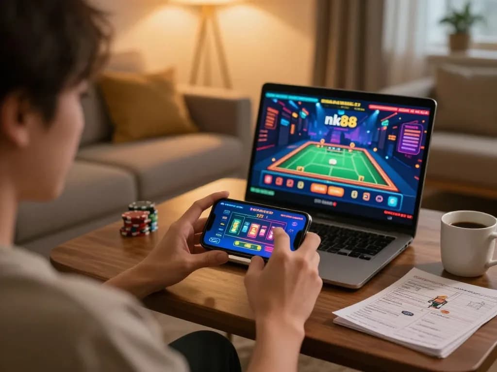Engaged player enjoying mobile gaming on nk88 app in a cozy home setting.