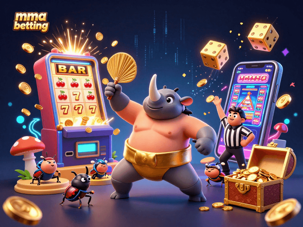 MMA betting scene showcasing a cartoon sumo champion with coins flying and casino elements bursting, full of energy.