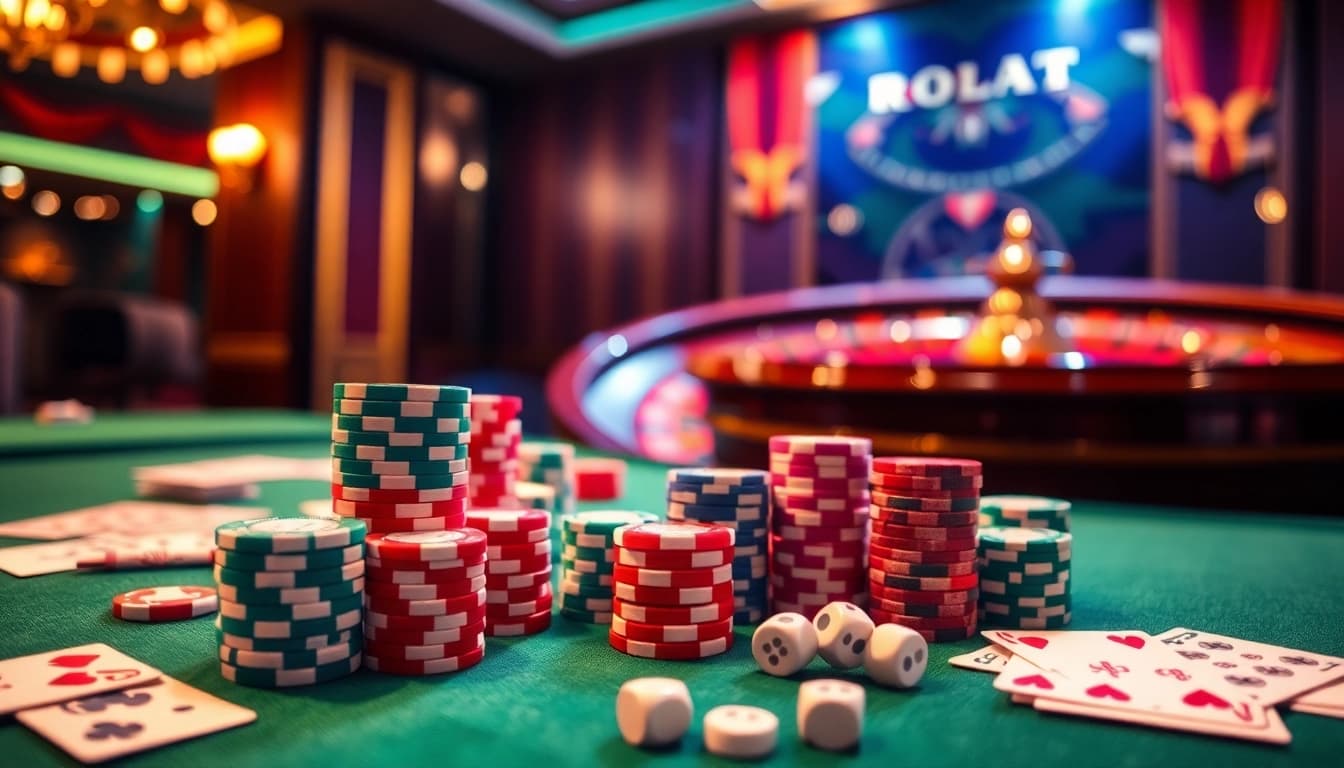 Exciting poker game scene showcasing i9bet chips and cards, reflecting the thrill of casino gaming.