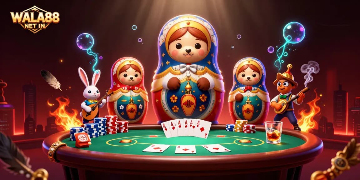 Bet on thrilling cockfighting action at WALA88 NET IN, showcasing a vibrant gambling scene with dynamic characters.