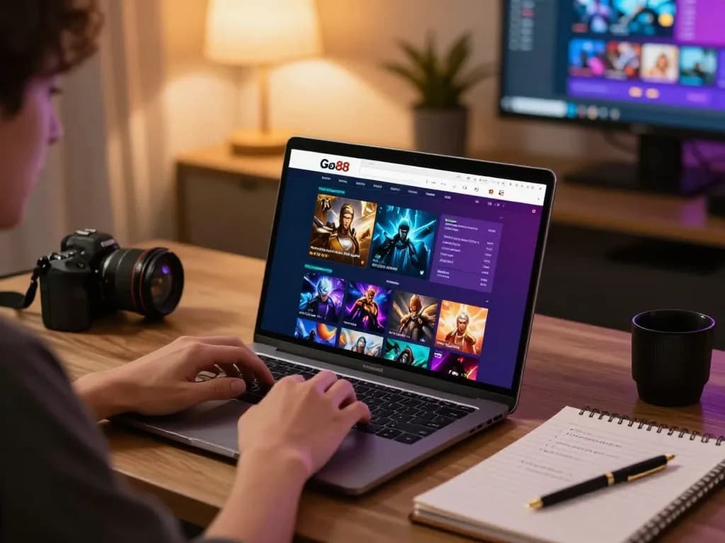 Player exploring live gaming options on Go88 while seated in cozy home office setting.