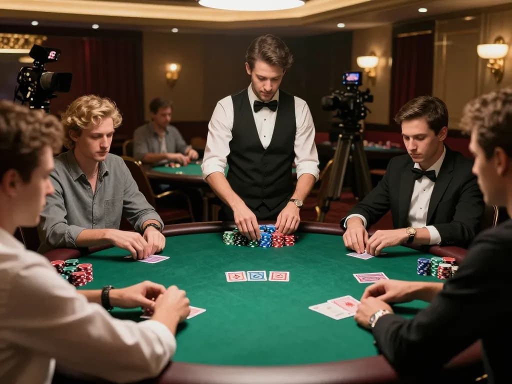 Bsport players making strategic decisions at an upscale poker table under warm lighting.
