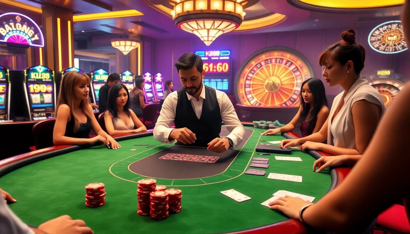 K88-themed casino table with players engaged in a poker game, showcasing excitement and luxury.