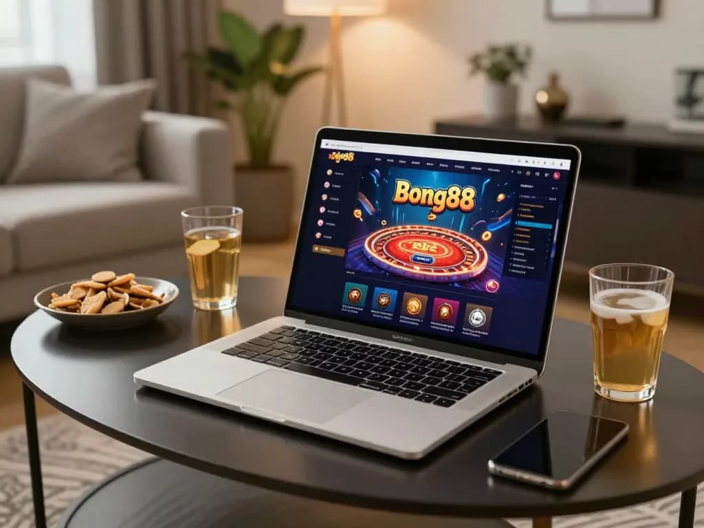 Bong88 online casino interface displayed on a laptop, creating a cozy gaming atmosphere.