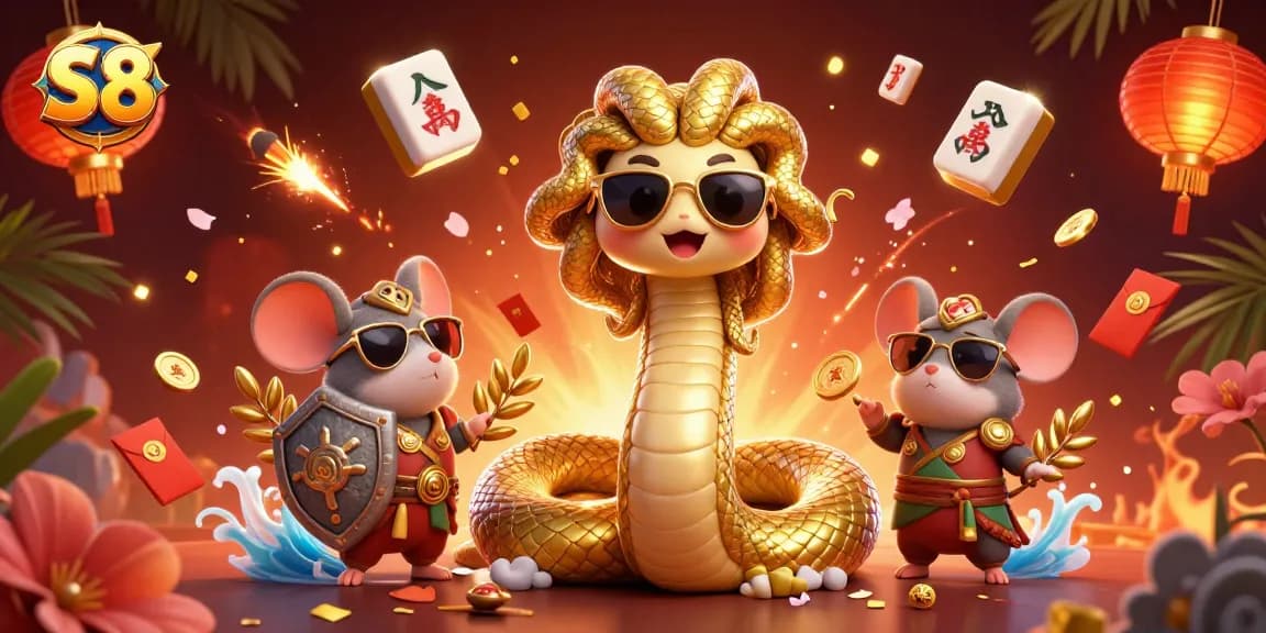 S8 players enjoy vibrant gaming with a friendly Medusa, warrior mice, and festive casino elements.