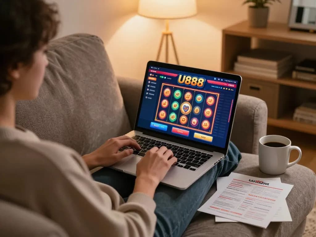 Person enjoying online gambling on U888 through a laptop at home, showcasing responsible gaming.