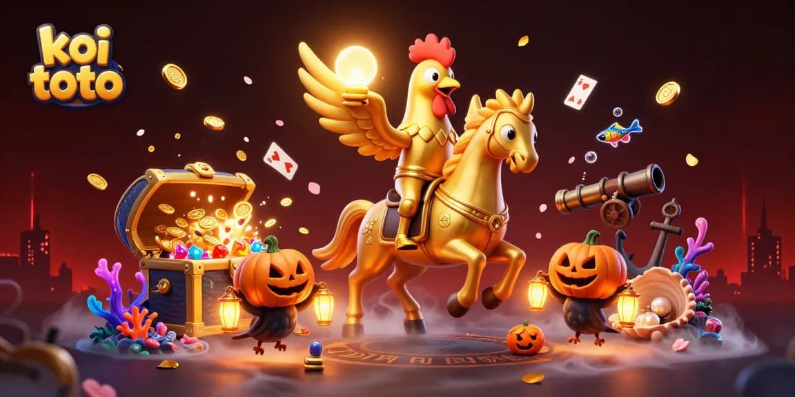 Players engage in koi toto action with golden rooster and casino ambiance.