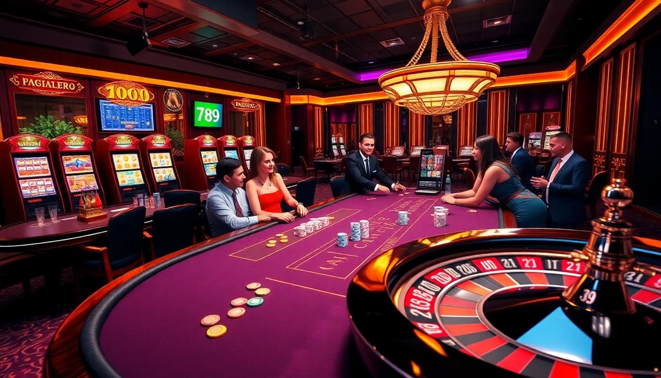 A thrilling scene at 789club casino with excited players at a poker table and vibrant slot machines.