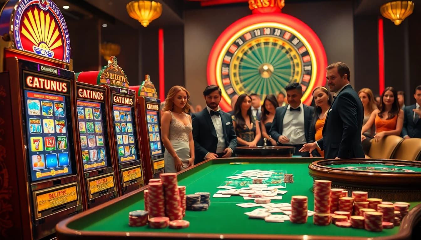 Players enjoying an exhilarating idnslot gaming experience at luxurious casino tables filled with vibrant slot machines.