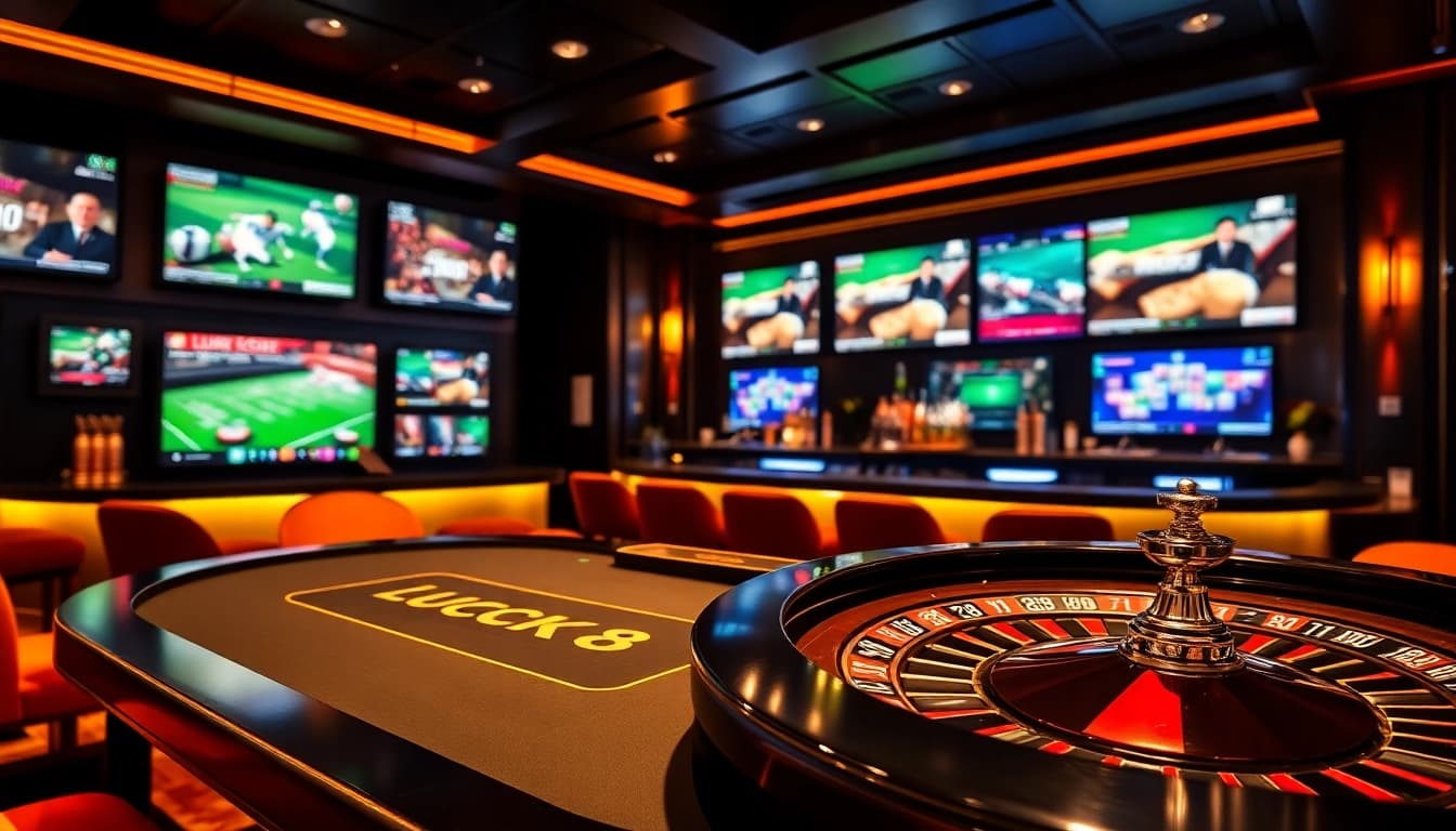 LUCK8 enhances online gaming with a luxurious poker table and vibrant sports displays.