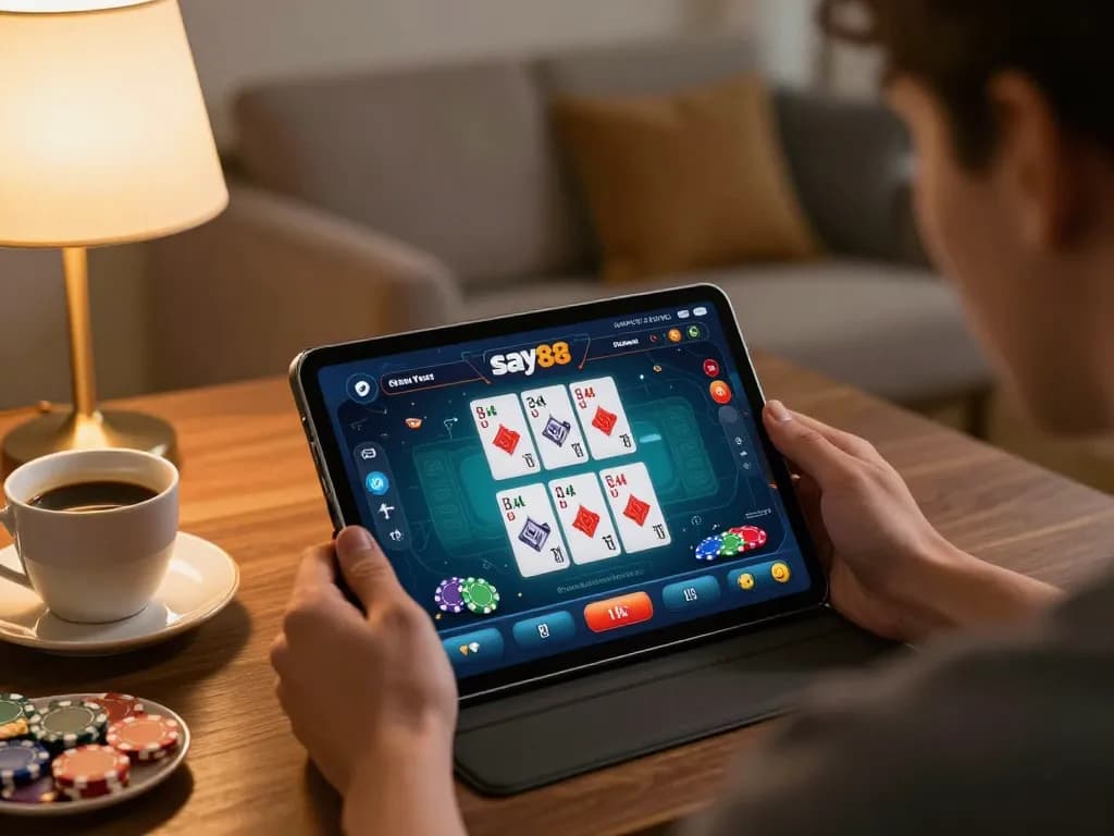 Engaging with the say88 casino app on a tablet in a cozy living room setup, reflecting a strategic online gaming experience