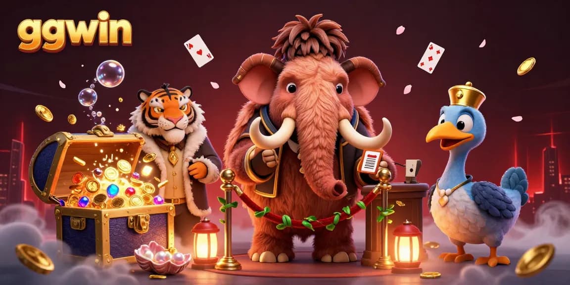 Experience the excitement with ggwin at this lively 3D casino scene featuring colorful characters and vibrant game symbols.