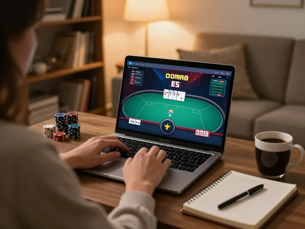 888New player engaged in a poker game at home using a laptop, showcasing strategic gameplay