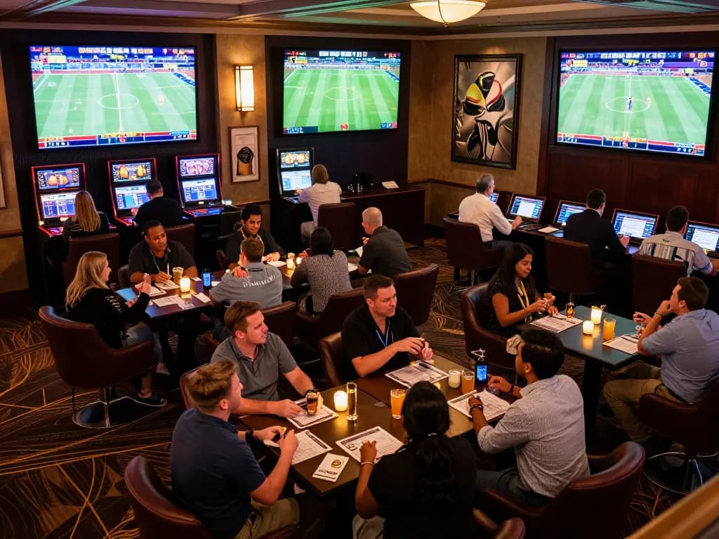 bettors engaging with tỷ lệ nhà cái in a lively sports betting lounge with multiple screens