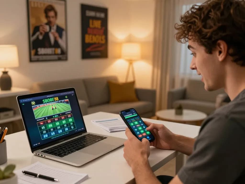 Pemain SBOBET88 memeriksa aplikasi taruhan olahraga di smartphone dalam lingkungan kantor rumah yang nyaman