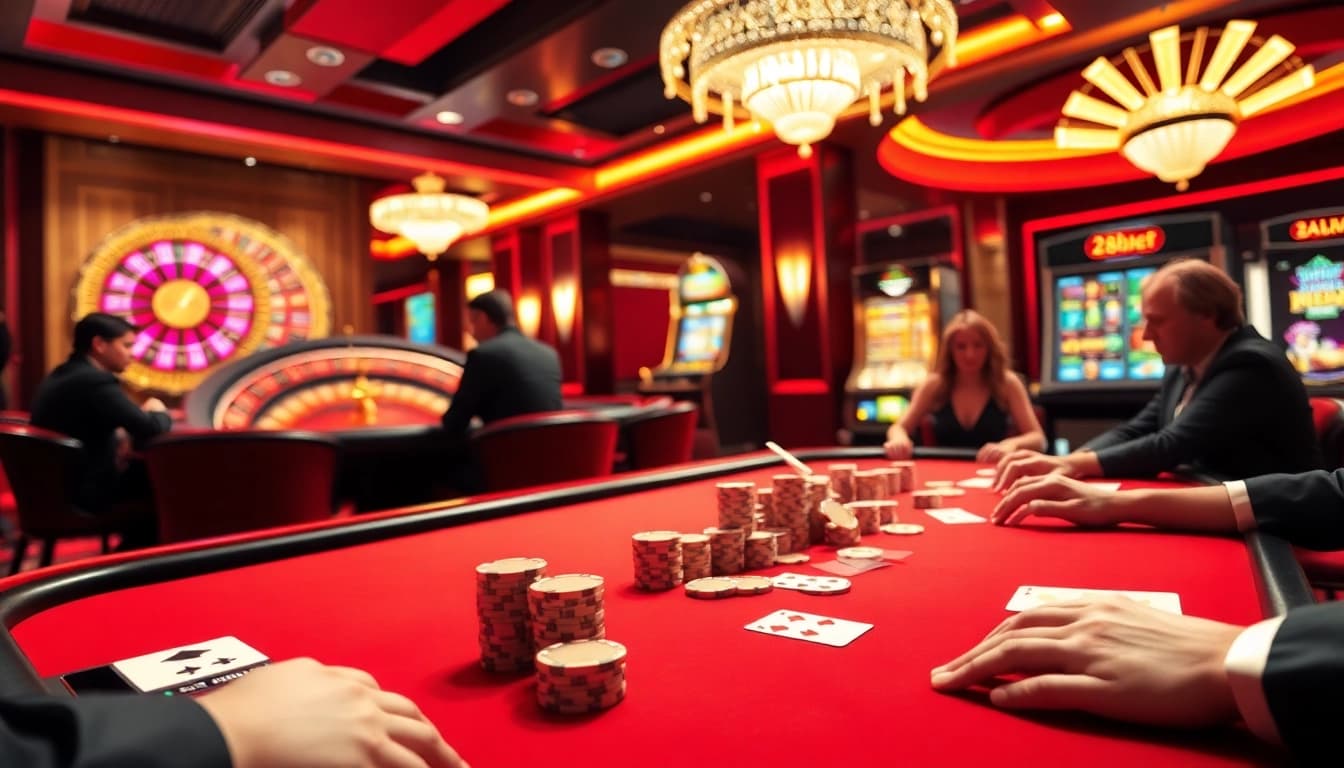 A lively poker game scene with vibrant chips and cards, representing the excitement of 28bet com.